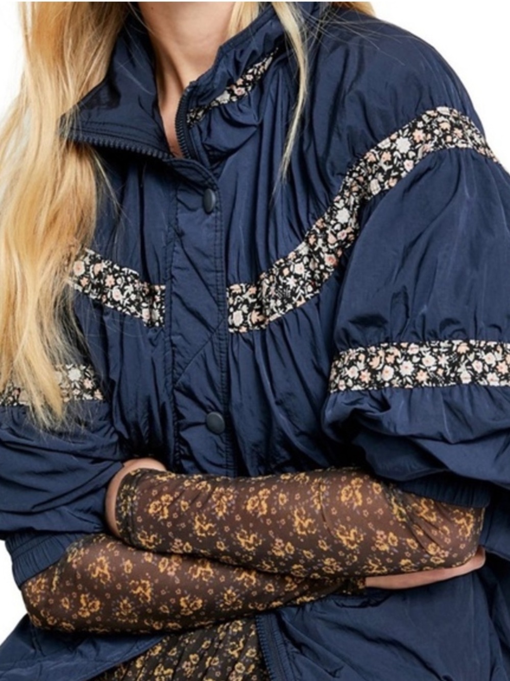 FREE PEOPLE On My Mind Blue Floral Trim Bomber Jacket , Size XS